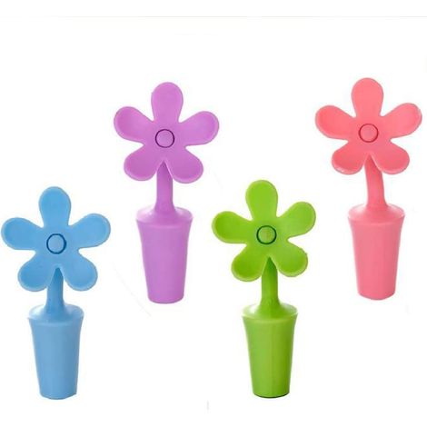 Lot de 4 bouchons de bouteille réutilisables en silicone en forme de fleur — 9 x 4 cm — Bouchons décoratifs et ludiques pour bière, champagne et vins effervescents