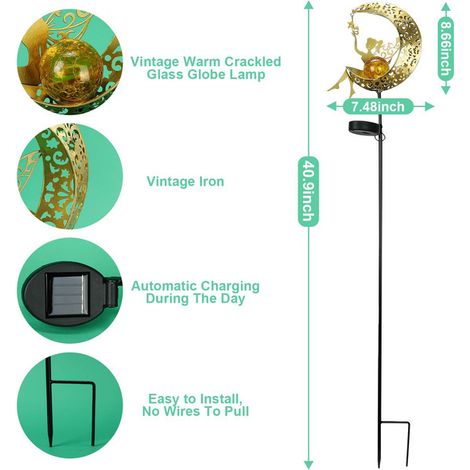 Lampe Solaire de Jardin Décorative Extérieure en Métal Imperméable IP65 Éclairage Design Fée sur la Lune avec Boule de Verre Craquelé Blanc Chaud pour Allée Cour Pelouse Terrasse