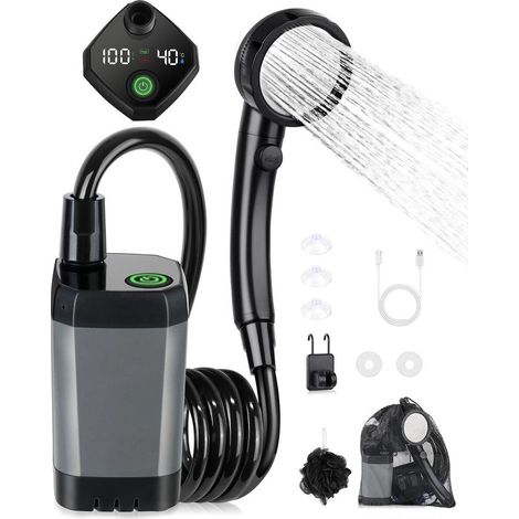 Douche portable électrique rechargeable – 6000mAh – 4 modes de douche – Imperméable – Afficheur intelligent – Pour camping et randonnée (1/5)