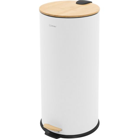 ML-Design Mülleimer 30L rund mit Fußpedal, Weiß, Stahl, Treteimer mit leise schließendem Bambusdeckel, Softclose, Abfalleimer mit entnehmbarem Inneneimer, Küchenmülleimer Tretmülleimer für Küche & Bad