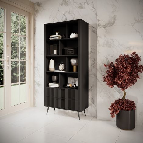 Estantería Kabavasi, Biblioteca con 2 Cajones, 4 Estantes, con Patas, 88x38x194h cm Negro (1/5)