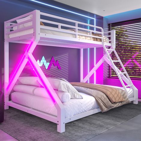 Lit superposé en métal 90x200 et 140x200 cm, kids avec éclairage LED, garde-corps protecteur, échelle intégrée, sans matelas, couleur blanche (1/5)
