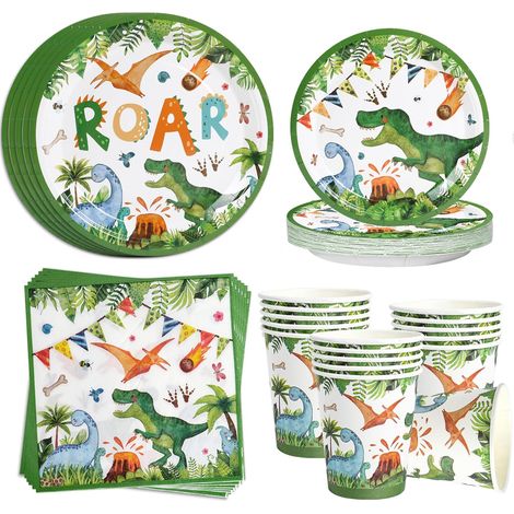 Vaisselle Jetable Anniversaire Dinosaure, 96 Pièces Assiette Jetable Anniversaire Dinosaure Garcon, Assiette Dino Jungle Safari, Assiettes Tasses Serviettes pour Fête à Thème Jungle Safari 24 Invités (1/5)