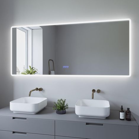 AQUABATOS 160x70 cm Badspiegel mit Beleuchtung Badezimmerspiegel Lichtspiegel LED Wandspiegel Energiesparend. Touch-Schalter Dimmbar, Kaltweiß 6400K, Warmweiß 3000K, Spiegelheizung, IP44 (1/5)