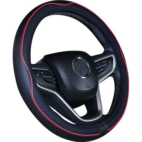 Housse de volant de voiture en cuir microfibre rouge noir 15 pouces (1/5)
