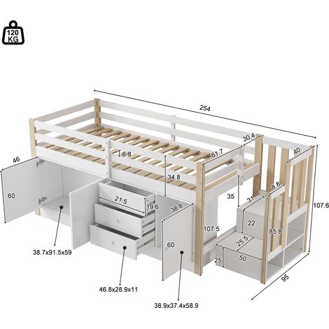 Lit superposé pour enfants, lit simple multifonction, avec échelle, rangements tiroirs, 2 armoires et penderie, sans matelas, blanc 90x200 cm (1/5)