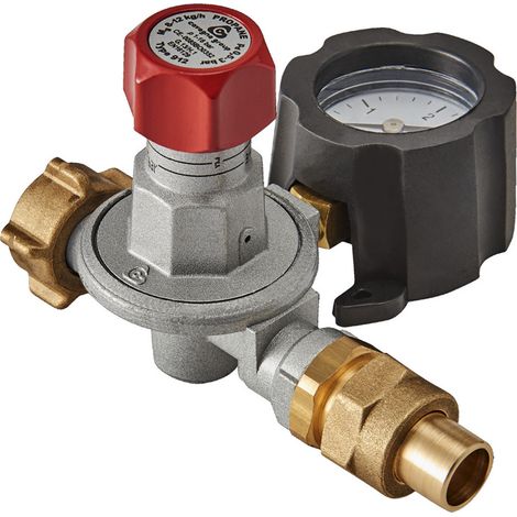 Blanc Habitat – Détendeur gaz propane haute pression réglable – Débit 8 kg/h – Pression d'entrée jusqu'à 16 bars – Manomètre horizontal – Sortie à souder Ø12 (1/4)