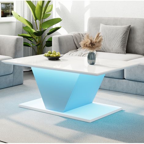 Mesa de centro de tablero de partículas blanca brillo 100 cm con LED, diseño en V (1/5)