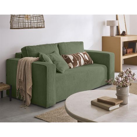 Bestmobilier – Canapé droit 2 places en velours côtelé vert sauge – Coussins décoratifs inclus – Dimensions 172x83x85 cm – Pour petits espaces