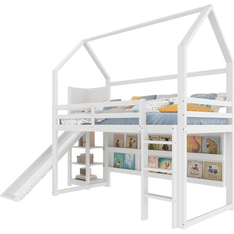 Cama Alta Individual con LED, Tobogán y Estantes 90 x 200 cm, sin Colchón, Blanca (1/5)