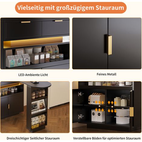 Table extensible bar (115-183 × 40 × 99 cm), îlot de cuisine escamotable, plan de travail avec rangement, éclairage LED, pivotant à 360°, bar mobile pour café, idéal cuisine et salle à manger, noir (1/5)