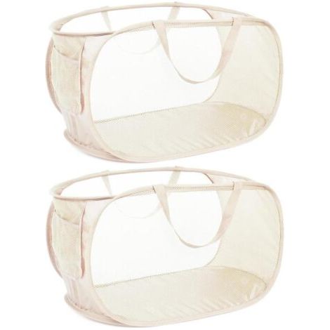Paniers à linge pliables et durables, en maille avec poche latérale, avec poignées de transport renforcées pour le linge, la salle de bain, le dortoir ou les voyages, lot de 2, beige (1/4)