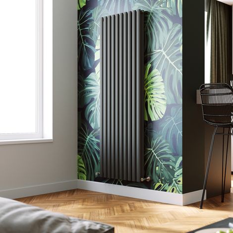 ELEGANT Vertical Column Designer Radiator Anthracite Oval Double Panel Rad 1800 x 590mm + Angled Radiator Valves (1/5)