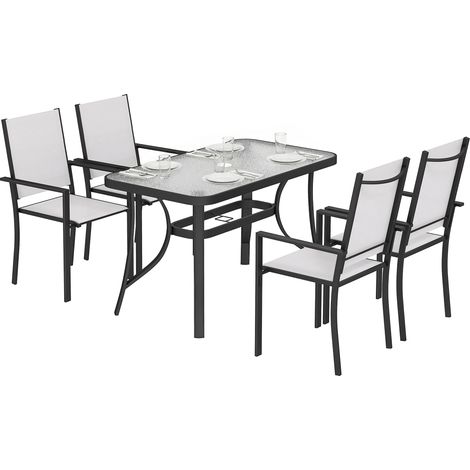 Set giardino 5 pezzi con 4 sedie impilabili e tavolo in vetro temperato con foro ombrellone, grigio chiaro