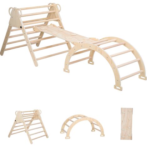 Jiubiaz Ensemble d'Escalade,Charge 60 KG,3 en 1 Triangle d'escalade Enfants avec Rampe Réversible,Naturel,Aire de Jeux Interieure Triangle avec Rampe Arc (1/5)