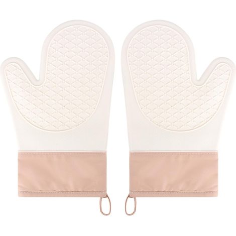 Gants de cuisine beiges, résistants à la chaleur, lot de 2, en silicone antidérapant et intérieur en coton. (1/5)