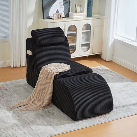 Fauteuil lounge ergonomique, coussin amovible et poche latérale, fabriqué en mousse à haute élasticité, 160×66×90 cm, velours côtelé noir (1/5)