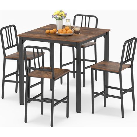 Ensemble table haute marron rustique avec plateau 90 x 90 cm, 4 tabourets et repose-pieds, pour cuisine et salle à manger (1/5)