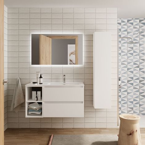 Meuble de salle de bain BEQUIA Plus 90cm Blanc mat Vasque Porcelaine Robinet à droite (1/5)