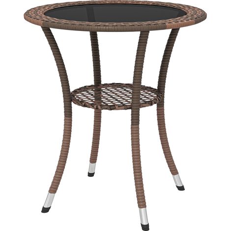 Table jardin ronde Ø64x71 cm avec étagère, acier, plateau verre, charge 50 kg, marron