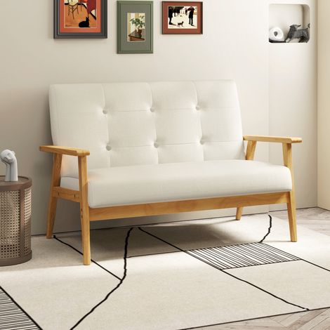 Canapé trois places, 115 cm, style scandinave, dossier capitonné, assise et accoudoirs rembourrés, beige (1/5)
