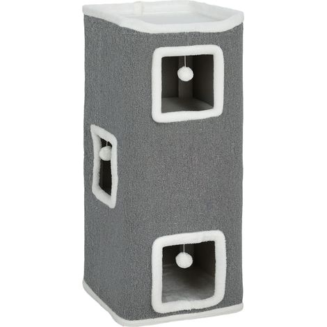 Torre per Gatti con 3 Casette Palline e Posatoio 41x41x100 cm in Legno Tessuto e Peluche Grigio e Bianco