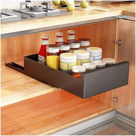 Kitchen cabinet with telescopic extendable sliding drawer (25 cm wide x 43 cm deep x 9 cm high) (black)