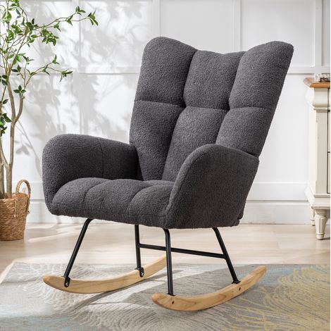 Silla mecedora de tejido teddy gris, respaldo curvo ergonómico, asiento acolchado, base de madera maciza y metal (1/5)