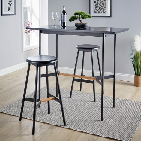 Bar Table Stool Set 120cm Black Metal Frame Solid Oak Crossbar Kitchen Diner (1/5)