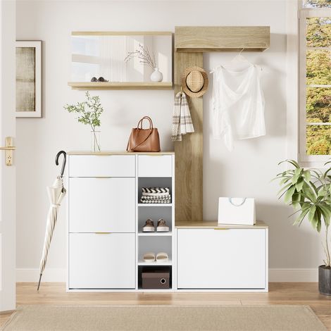 4-teiliges Flur-Set 130 x 30 x 174 cm – Schuhschrank, Bank, Spiegel und Wandpaneel – Weiß und Natur (1/5)