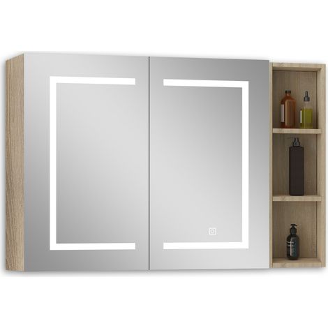 Océan Armoire de Toilette 100 x 70 cm avec 2 Portes Miroir LED  Éclairage 3 Couleurs, Anti-Buée et Prise Rasoir  Chêne (1/5)