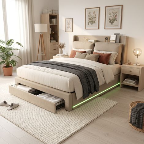 Upholstered bed, 150200(5ft),King Size Bed, hydraulic bed, 2-in-1 storage drawers at the end of the bed, recessed LED light strips on both sides of the bed, slatted frame, Velvet,Beige