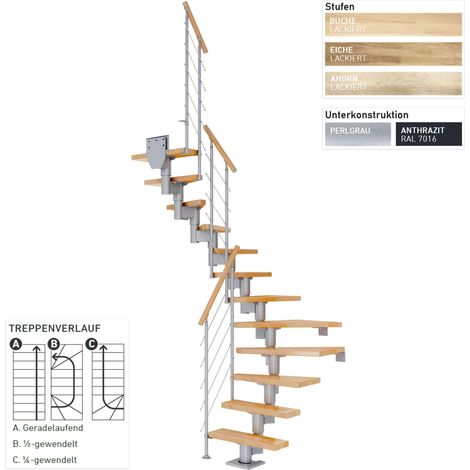 Dolle Mittelholmtreppe Dublin 1/2 gewendelt aus Ahorn lackiert 61 cm breit für GH 240–292 cm UK Metall Perlgrau mit Einzelstabgeländer