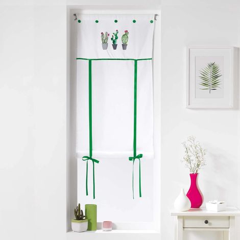Douceur D'Intérieur – Store enrouleur voilage Tropic cactus 60 x 160 cm – 100% polyester brodé – Finition à passant avec réglage à nœuds – Lavable à 30°