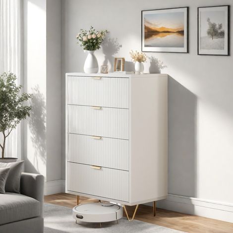 Comodino ondulato 60x34x91 cm, con 4 cassetti di stoccaggio, maniglie e piedi in metallo, mobile design moderno e compatto per sala, camera - Bianco