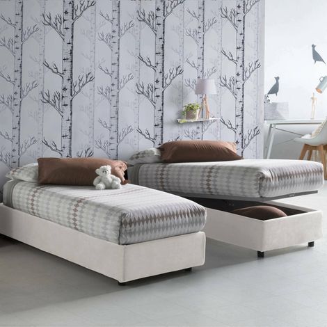 Talamo Italia Cama individual Asia, Cama contenedor con revestimiento de tela, 100% Made in Italy, Apertura frontal, adecuado para colchón Cm 80x190, Blanco, con embalaje reforzado (1/3)
