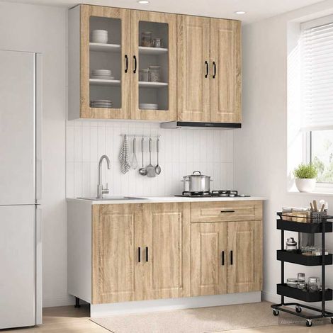 Ensemble de cuisine PORTO 4 pièces chêne sonoma en bois d’ingénierie avec meubles bas et hauts, pieds réglables, fixation murale (1/5)