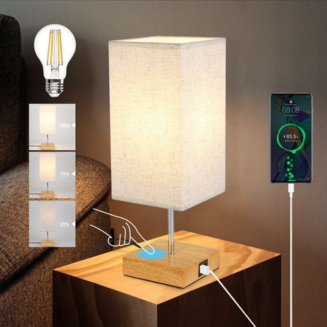 GBLY Lámpara de mesa regulable , lámpara de noche táctil, lámpara de escritorio vintage USB con función de carga, luz de noche recargable E27 con pantalla de tela para dormitorio