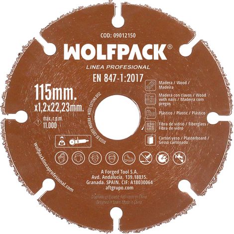 WOLFPACK LINEA PROFESIONAL Disque à découper bois/plastique Ø 115 mm. Tranchant Carbure de tungstène Carbure de tungstène Carbure de tungstène Carbure de tungstène Carbure de tungstène Tungstène Carbu