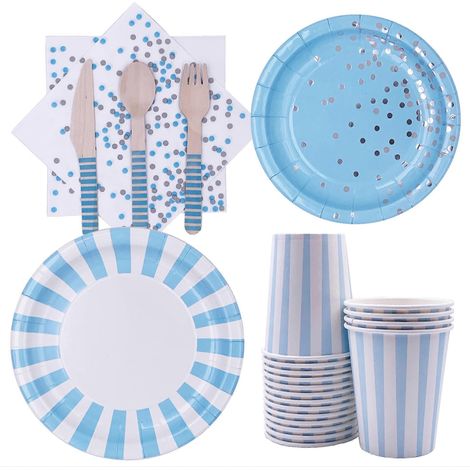 Service de table à rayures bleues pour fête d'anniversaire et baby shower : assiettes en carton, serviettes, gobelets et couverts en bois (pour 16 personnes, 102 pièces). (1/5)