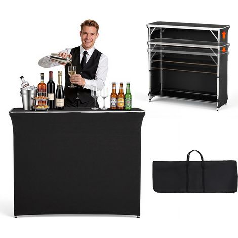 Table de Bar Pliable Portable, 1105x390 x1010 mm, avec Sac de Transport, 2 Étagères de Rangement et Jupe Amovible, Comptoir de Bar Mobile pour Événements, Fêtes, Foires et Salons Professionnels (1/5)