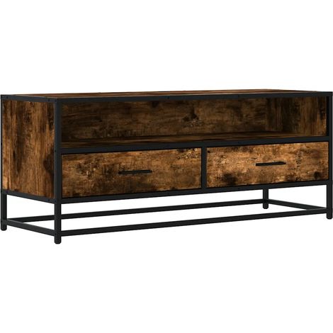 Meuble TV design industriel avec grand rangement 100 x 34,5 x 40 cm en bois d'ingénierie chêne fumé (1/5)