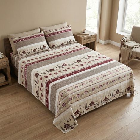 Completo Lenzuola Tirolese Valbadia - 100% Cotone Made in Italy - Stile Montagna Cervi e Baite 1 piazza e mezza
