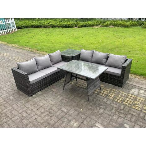 Fimous 6 Seater Wicker PE Rattan Garden Dining Set Outdoor Furniture Sofa with Side Table Dining Table Dark Grey Mixed (1/5)