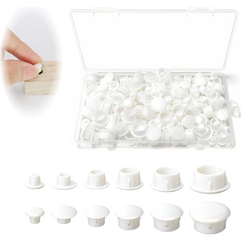 Lot de 210 Capuchons pour Trous de perçage, Cache-vis Plastiques avec boîte, Bouchons Blancs 5/6/8/10/12/14 mm, Cache-Trou Meuble, obturateurs pour armoires, étagères, Panneaux et vis Apparentes (1/5)