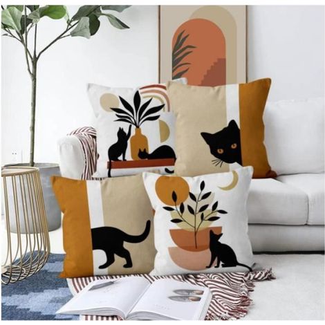 Housse de Coussin Boho 45x45 Set de 4, Abstrait Chat Noir Plante Soleil Lune Taie d'oreiller décorative Art Moderne Minimaliste (1/4)