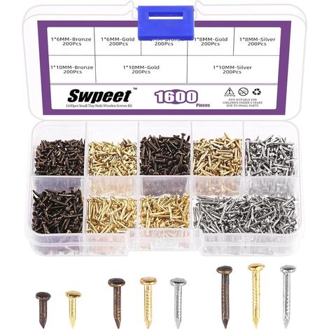 1600Pcs 6/8/10mm 3 Colors Small Copper-plated Hardware Tiny Screws/Nails Kit Including Gold Silver Bronze Boxed Tiny Wooden Screws Mini Nails for Compact Antique DIY Decorative Box Accessories (1/5)