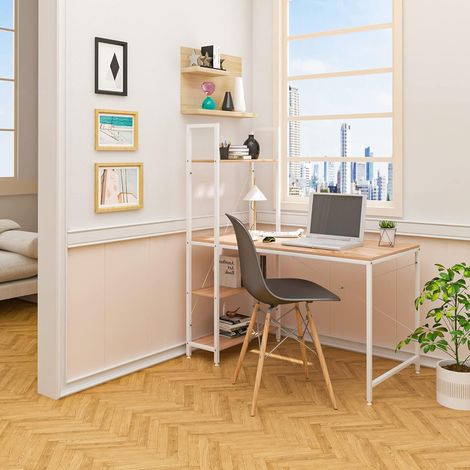 WOLTU Escritorio Industrial Escritorio de Computadora Muebles de Oficina Mesa de PC Mesa de Trabajo de Madera y Acero con 4 Estante 120x64x120cm Roble/Blanco (1/5)