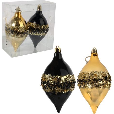Elegante set di 2 palline decorative a forma di fuso, nere e dorate, decorate con paillettes. (1/5)