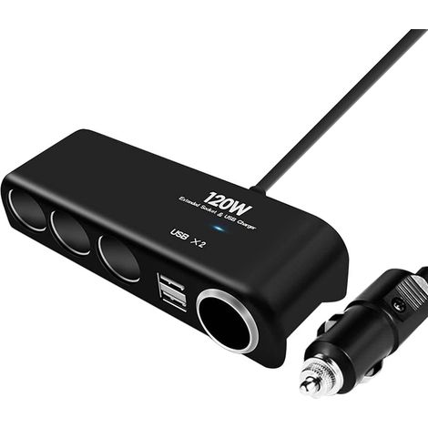 Chargeur de voiture à double protection, adaptateur allume-cigare avec plusieurs ports USB, 120 W, 12-24 V, 3 rallonges, convient aux camions, voitures et camping-cars. (1/5)